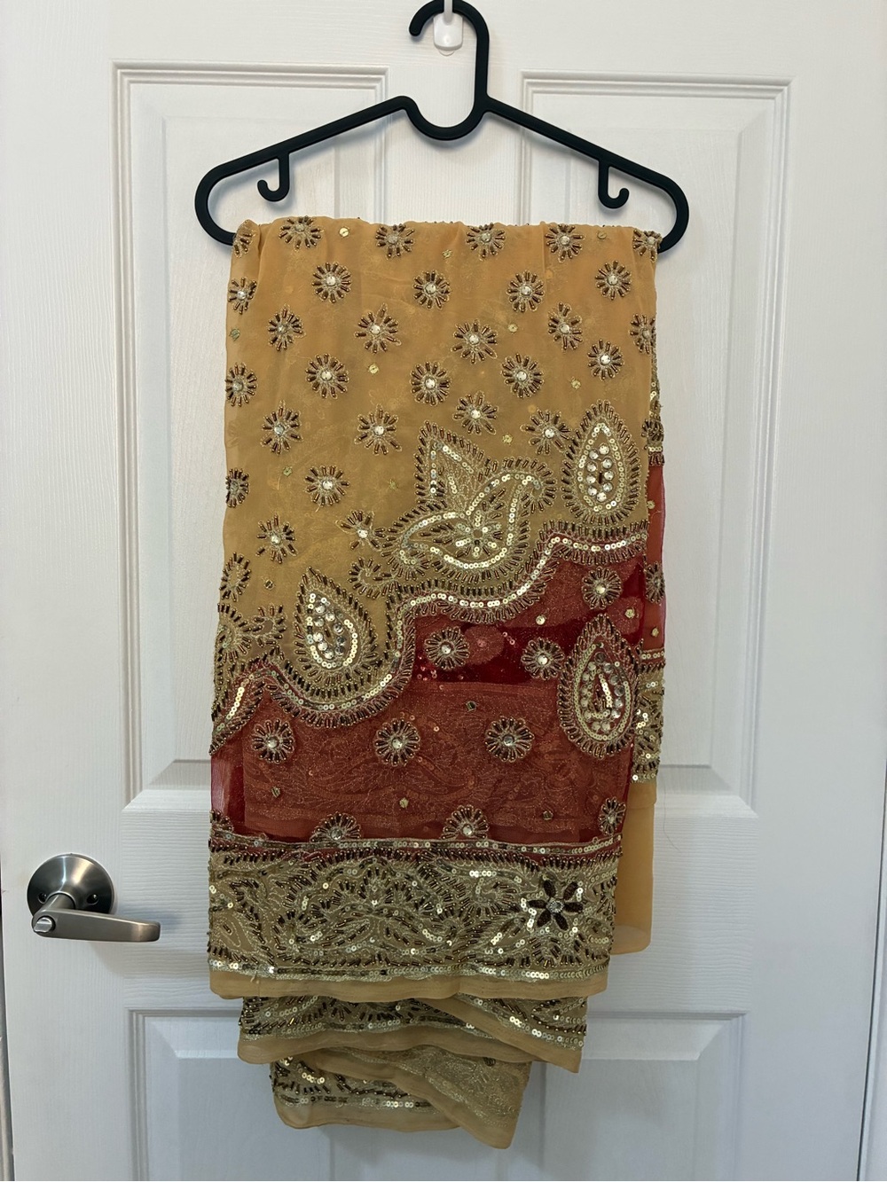 Embellished Beige and Red Sequin Detail Saree